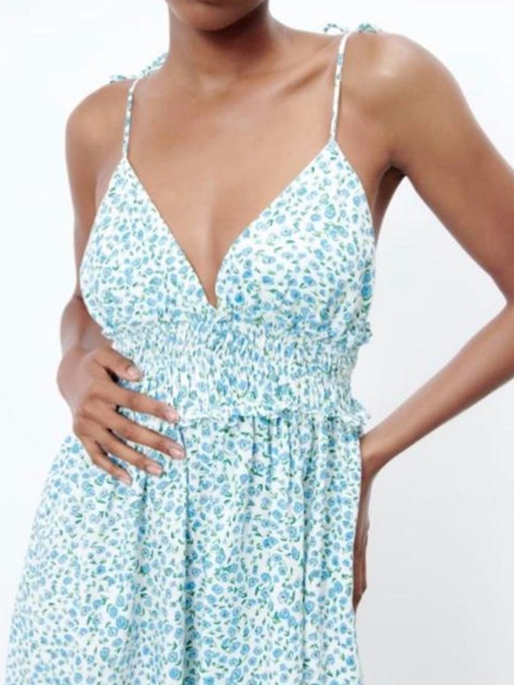 Zara White Floral Sundress with Blue and Green Print